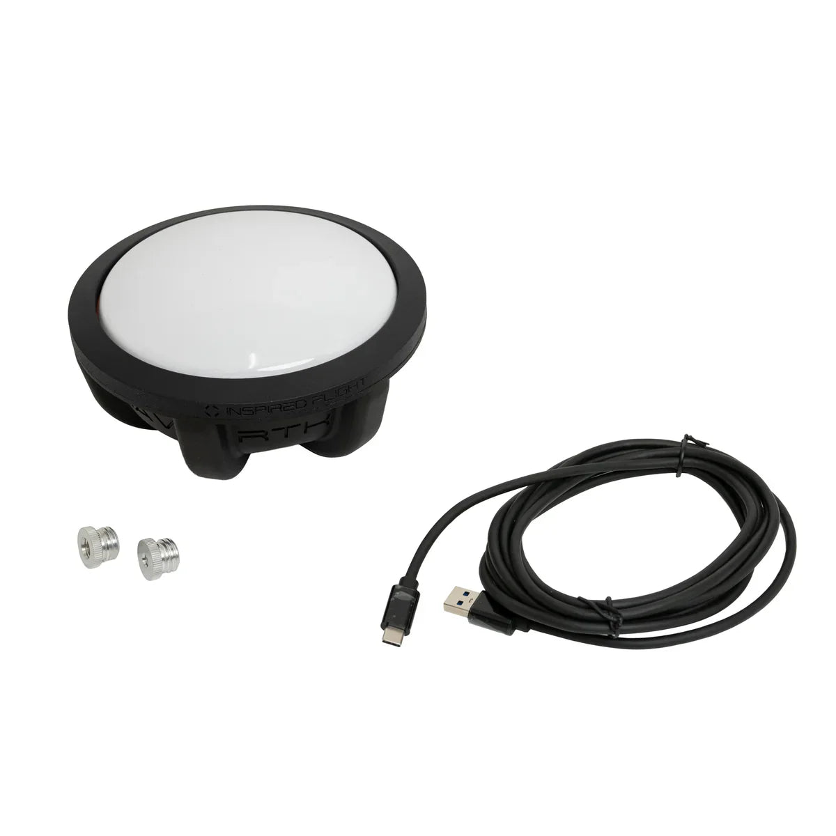 Inspired Flight NAV RTK Base Station with included USB cable and thread adapters