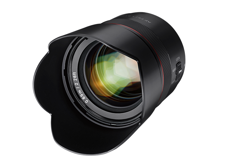 Samyang AF 75 mm F1.8 FE lens with hood, front perspective