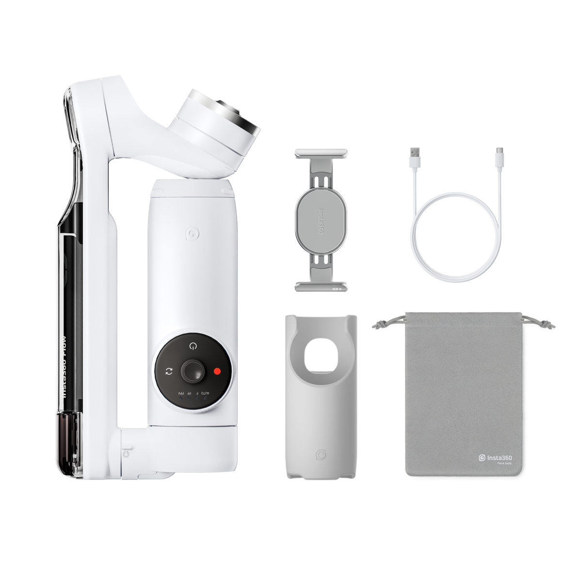 Insta360 Flow Standalone (White) - white standalone kit with folded gimbal, clamp, grip cover, pouch and charge cable