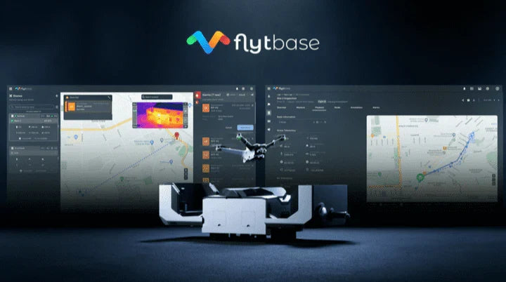FlytBase software workflow illustration. Dock hardware and aircraft shown for illustration are not included; see the named compatible dock and software term.