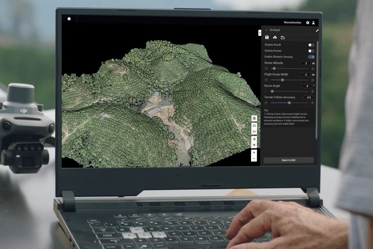 DJI example: Mavic 3M orchard reconstruction displayed on a laptop for planning field operations. Compatible software is required; laptop not included.
