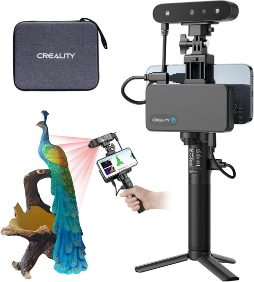 Creality Ferret Pro scanning equipment and example workflow. Phone, computer and scanned objects shown for illustration are not included.