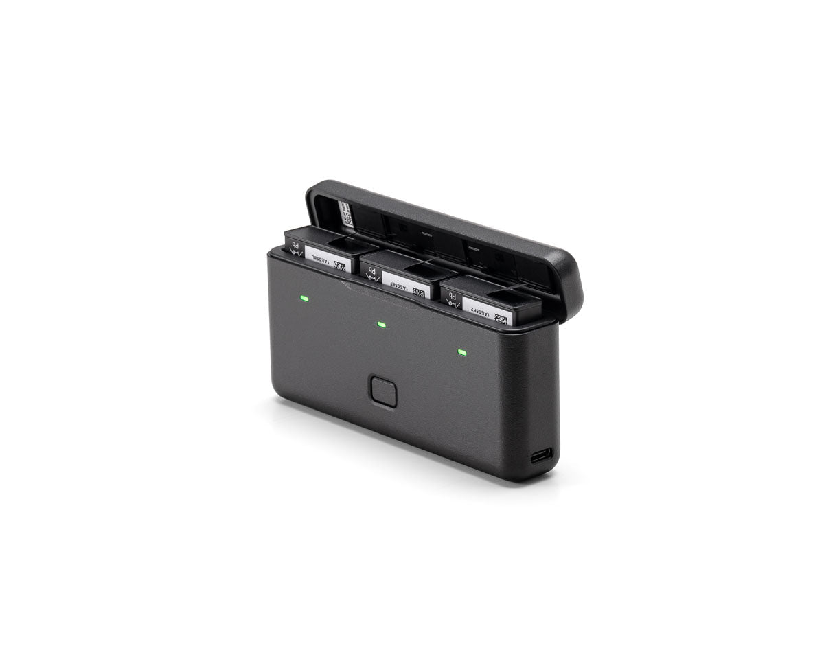 DJI Osmo Action 3 Multifunctional Battery Case — batteries shown in charging case for fit illustration