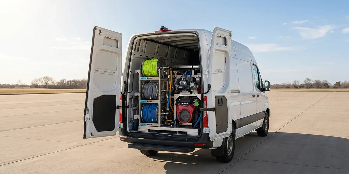 APEX cleaning skid installed in a van, for illustration; van is not included.