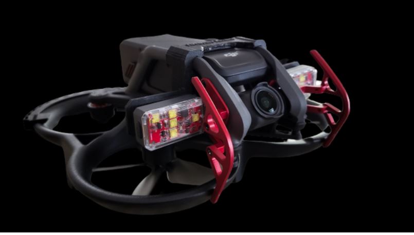 Firehouse Tech Avata Full Tactical Kit (4 Light Kit with Battery Lock, 2 Rear Bumper Guards, 2 Gimbal Guards): lighting kit shown installed on aircraft
