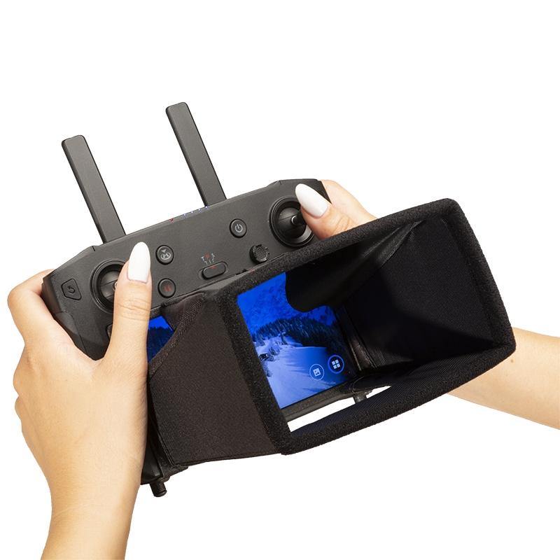 Hoodman HSC sunshade fitted to a DJI controller; installation example.