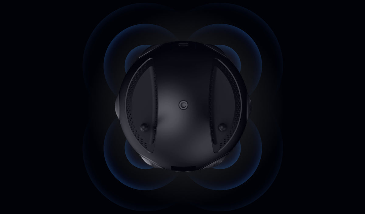 Insta360 Pro 2 camera viewed from above; manufacturer audio visualization for illustration