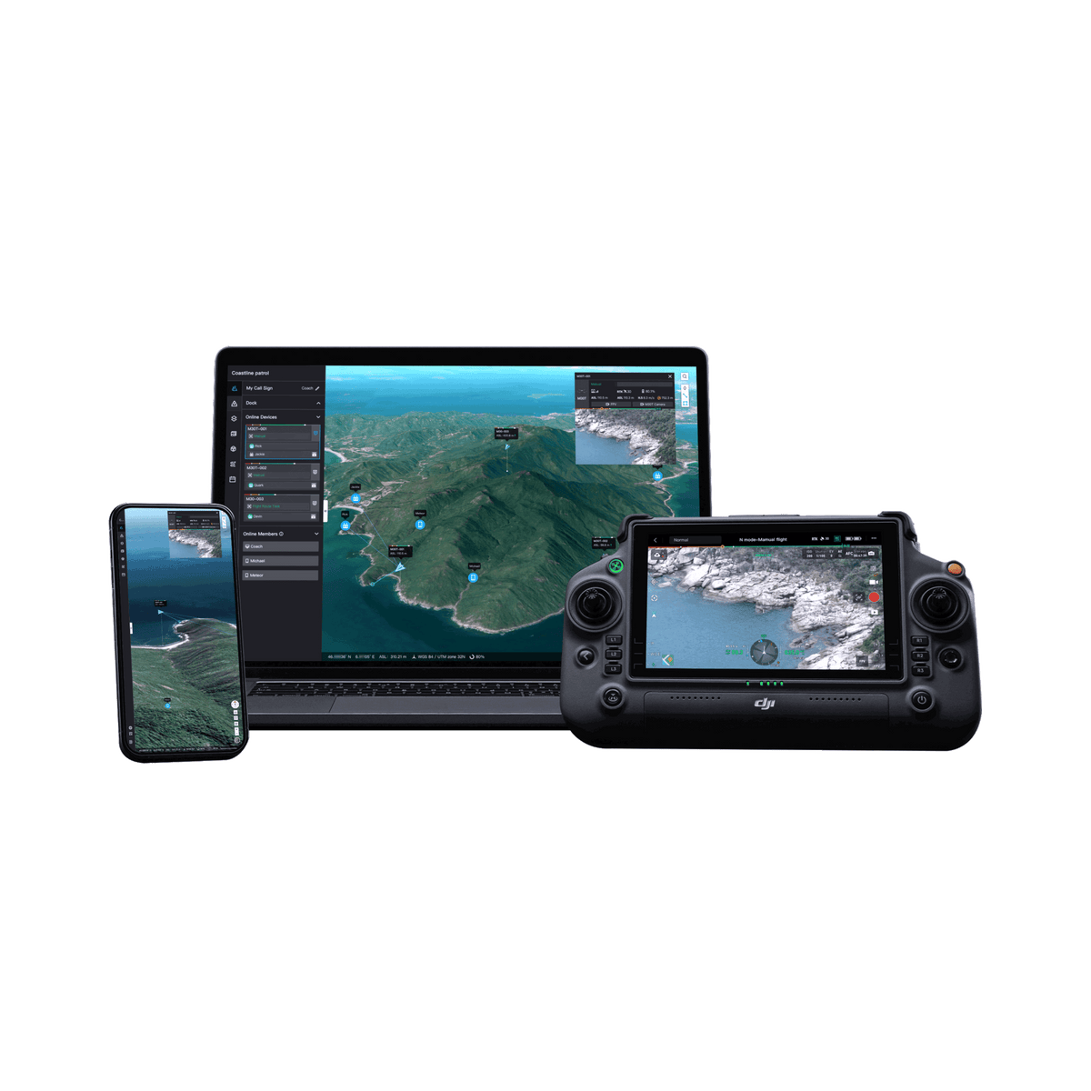 DJI FlightHub 2 software illustration; computers and controllers shown are not included.