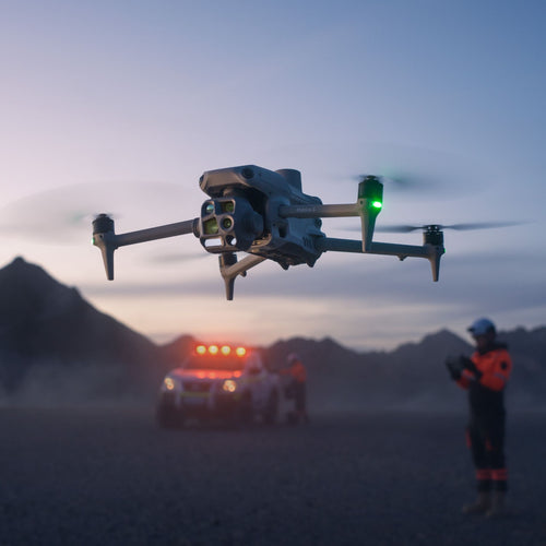 DJI Matrice 4T front three-quarter flight, emergency response scene. Aircraft model illustration; DroneDeploy configuration and no Care offer described below.