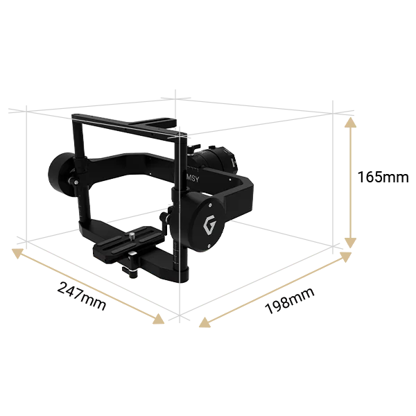 Gremsy Two-Axis T3V3 gimbal with manufacturer equipment-dimension diagram; not shipping-carton dimensions