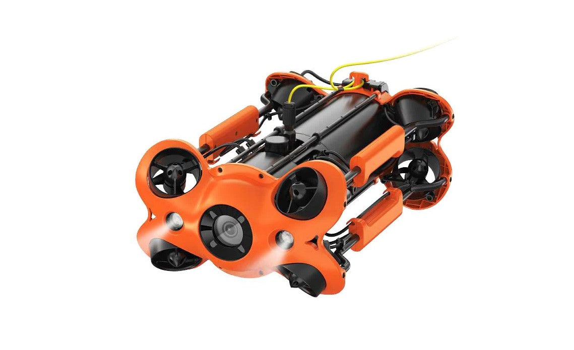 CHASING M2 Pro ROV angled front view, showing its camera, lights and thrusters.