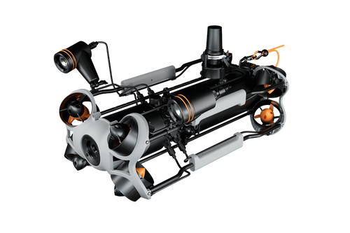 CHASING M2 Pro Max ROV angled view with its integrated lights and thrusters.