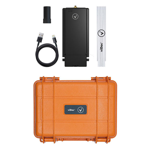 viDoc RTK receiver with GNSS antenna, USB charging cable and hard carrying case. Phone not included.