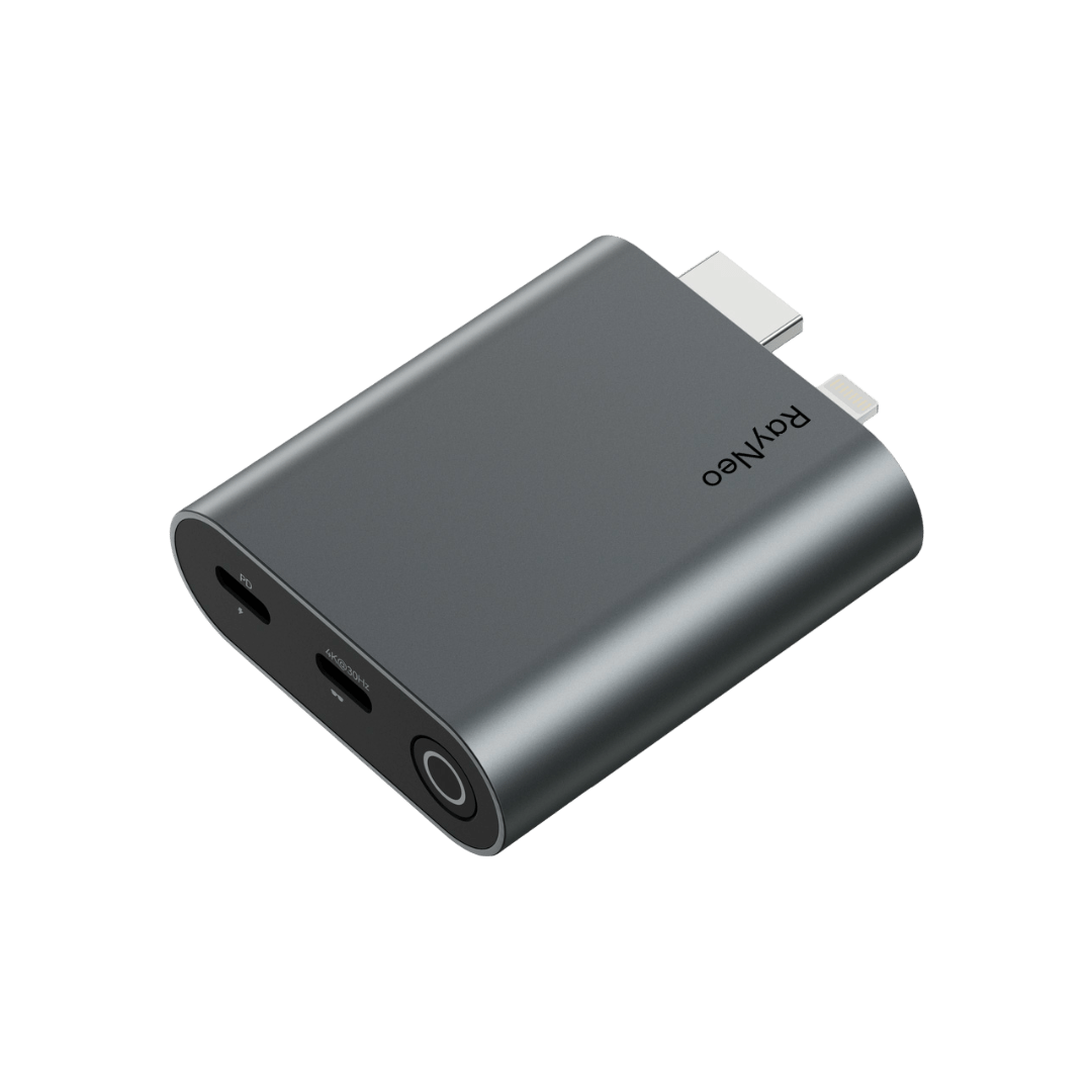 RayNeo HDMI adapter showing its HDMI connector and USB-C connections.