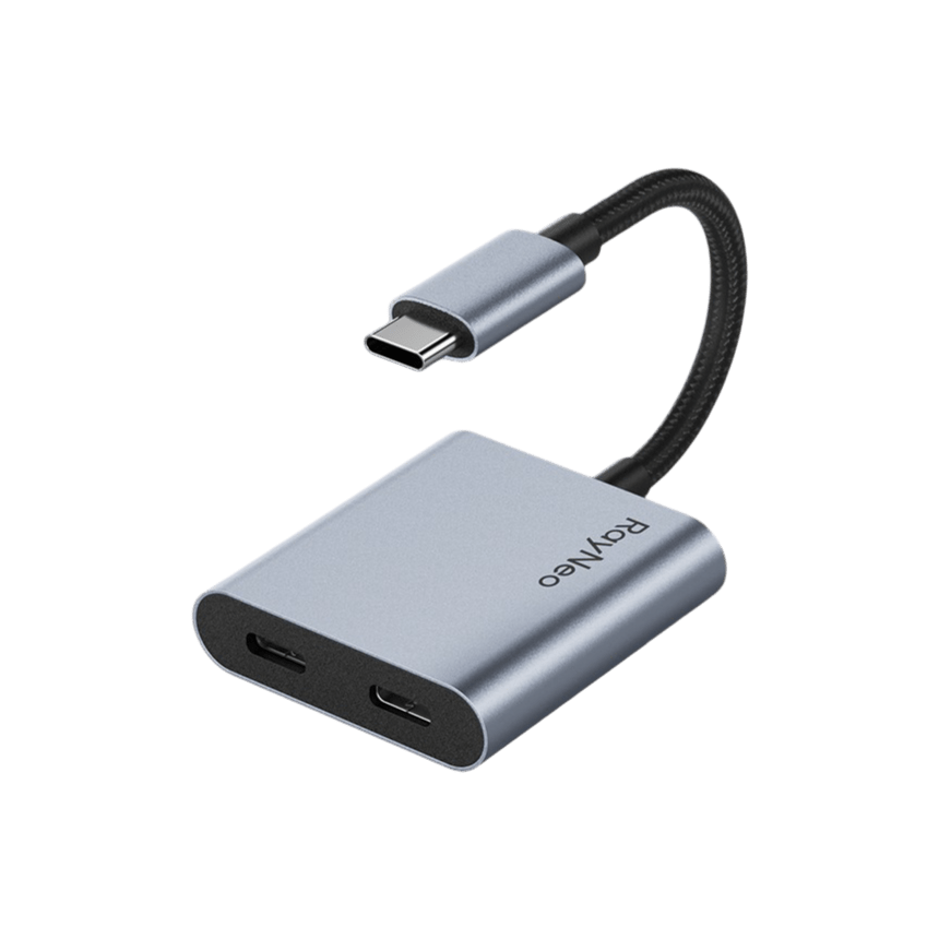 RayNeo USB-C charging adapter showing its attached USB-C plug and two USB-C ports.