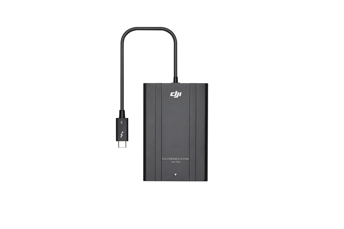 DJI CINESSD Station (Thunderbolt 3), product view with attached Thunderbolt lead.