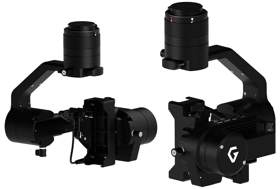 Gremsy Pixy MR gimbal shown from front and rear; camera is not installed