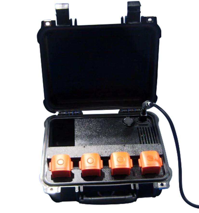 FlyPro EVO II PRCS Elite charger shown with batteries for illustration; batteries not included.
